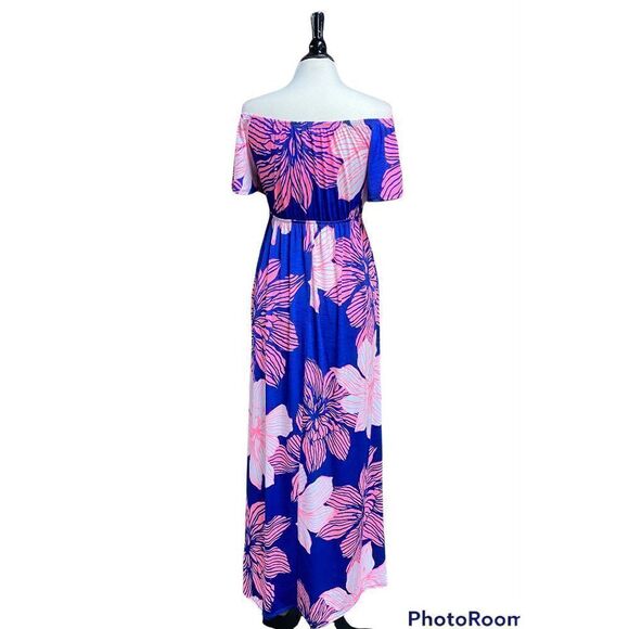 Sweet Lovely by Jen Royal Blue & Neon Pink Off Shoulder Maxi Dress NWOT - Picture 2 of 4